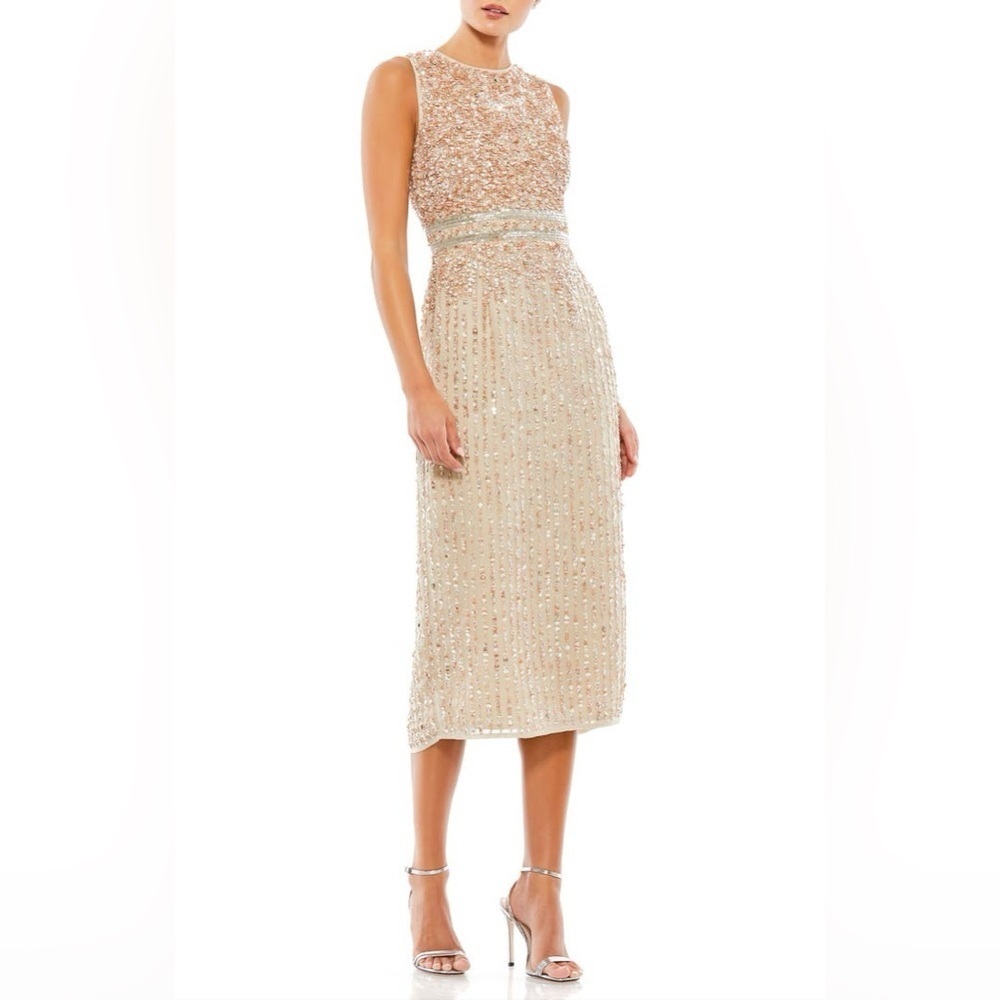 NWT Mac Duggal Sleeveless High Neck Beaded Midi Sheath Dress - Picture 3 of 13